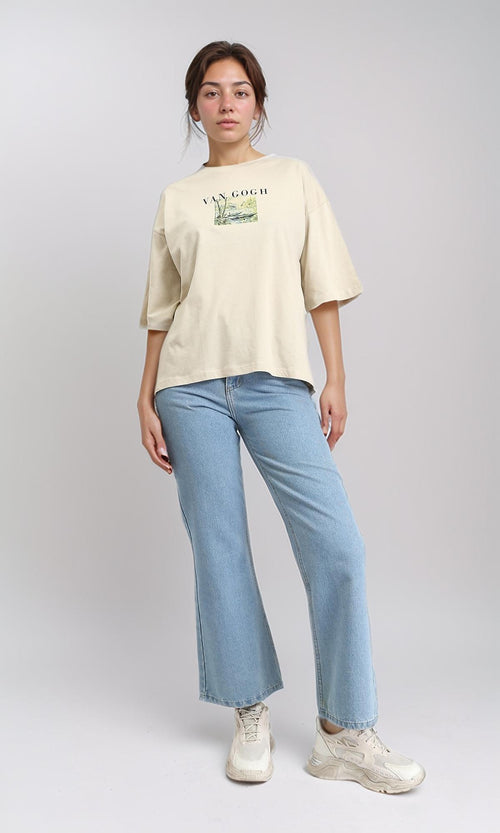 O203159 - "Van Gogh" Elbow Sleeves Summer Tee - Beige