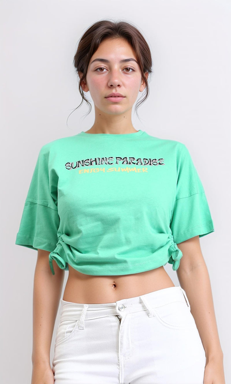 O203163 - Printed Short Tee with Side Drawstring - Light Green