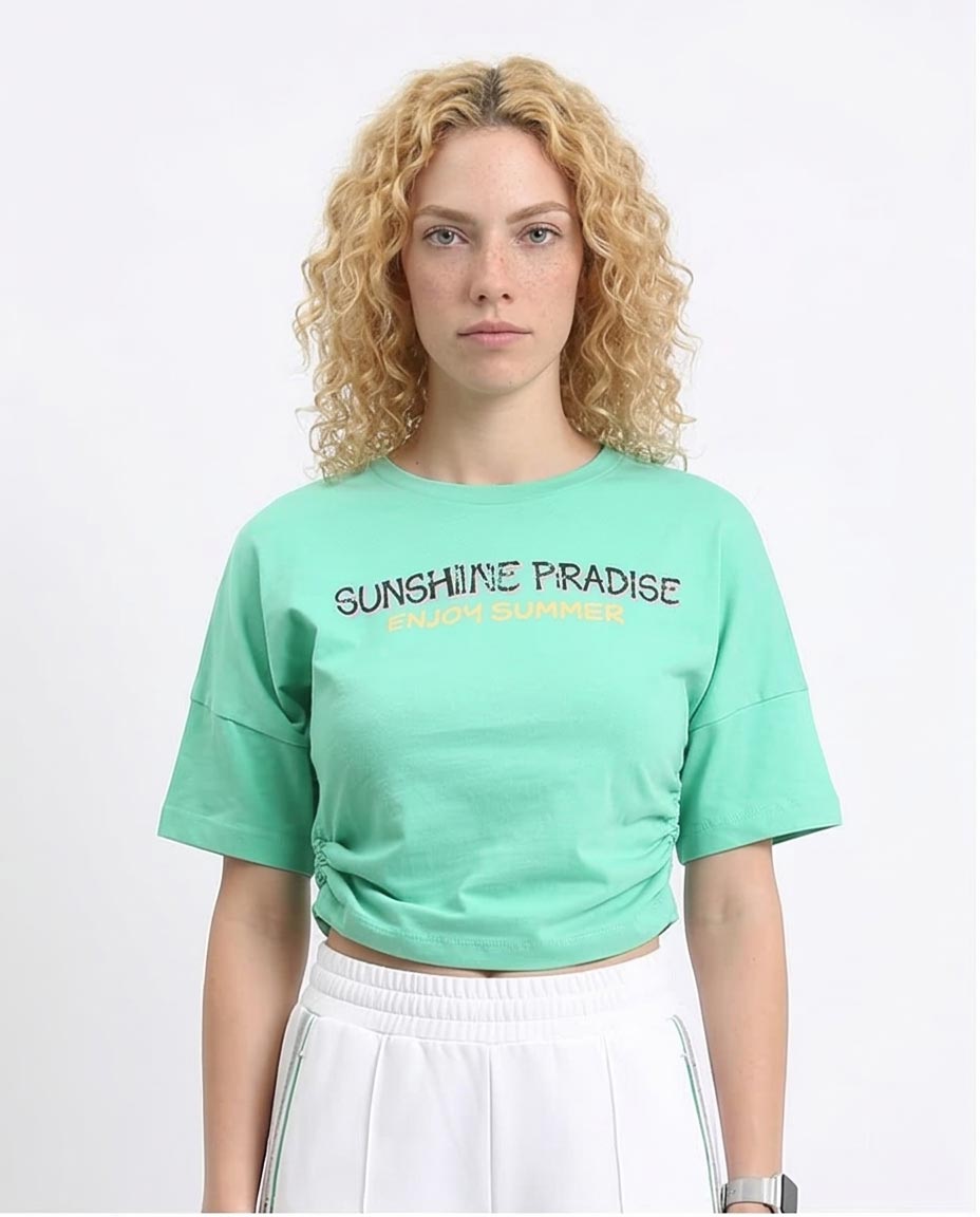 Printed Short Tee with Side Drawstring - Light Green