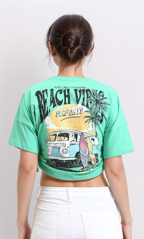 O203163 - Printed Short Tee with Side Drawstring - Light Green
