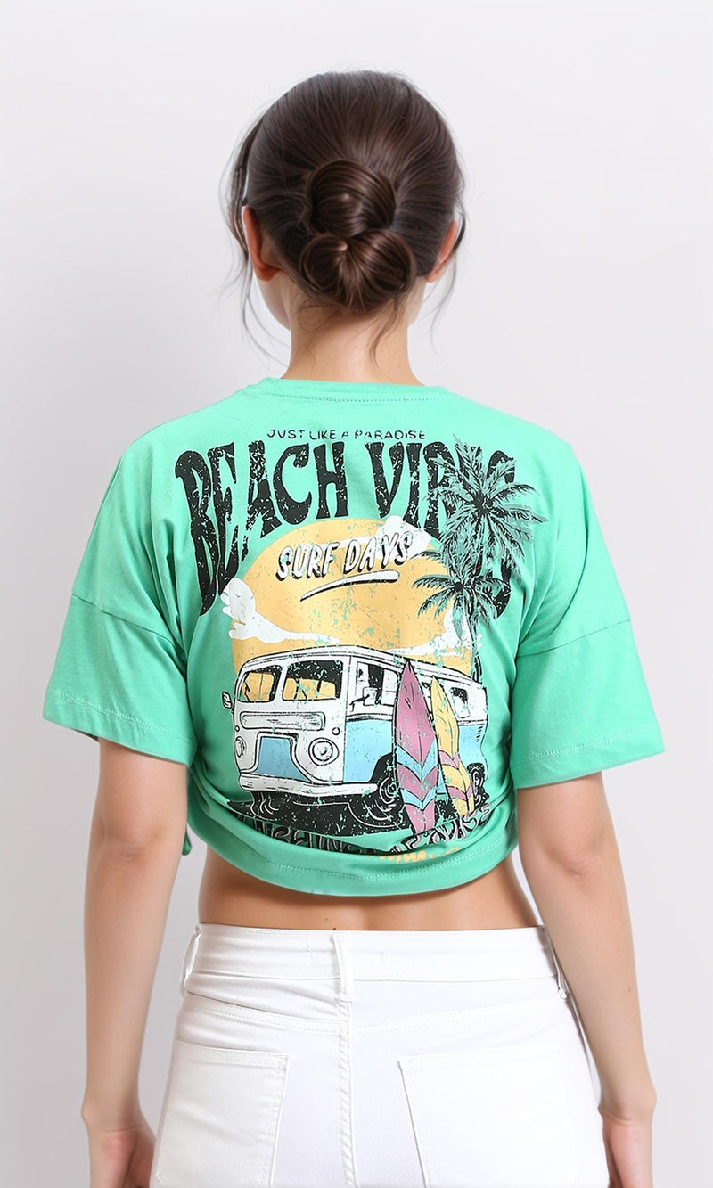 O203163 - Printed Short Tee with Side Drawstring - Light Green