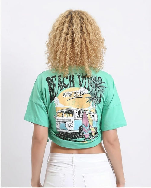 O203163 - Printed Short Tee with Side Drawstring - Light Green