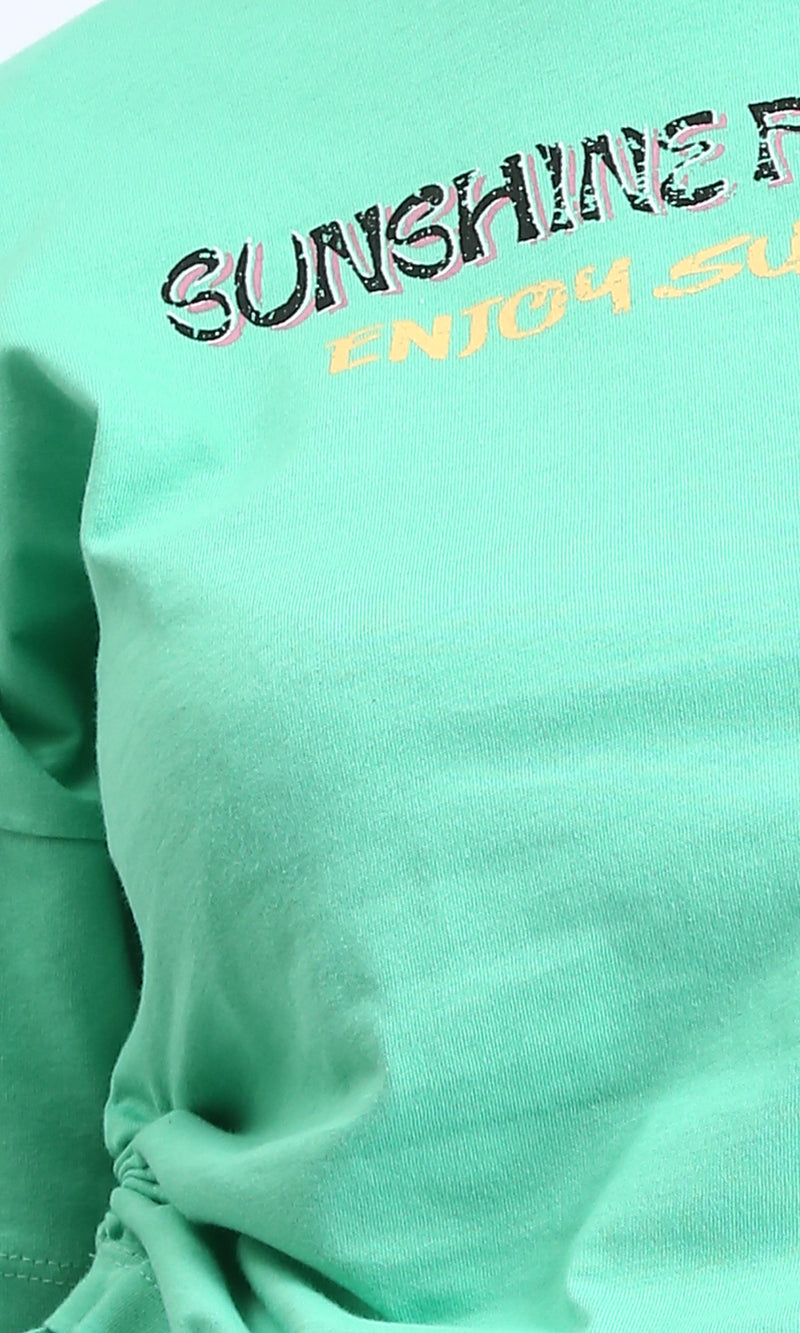 O203163 - Printed Short Tee with Side Drawstring - Light Green