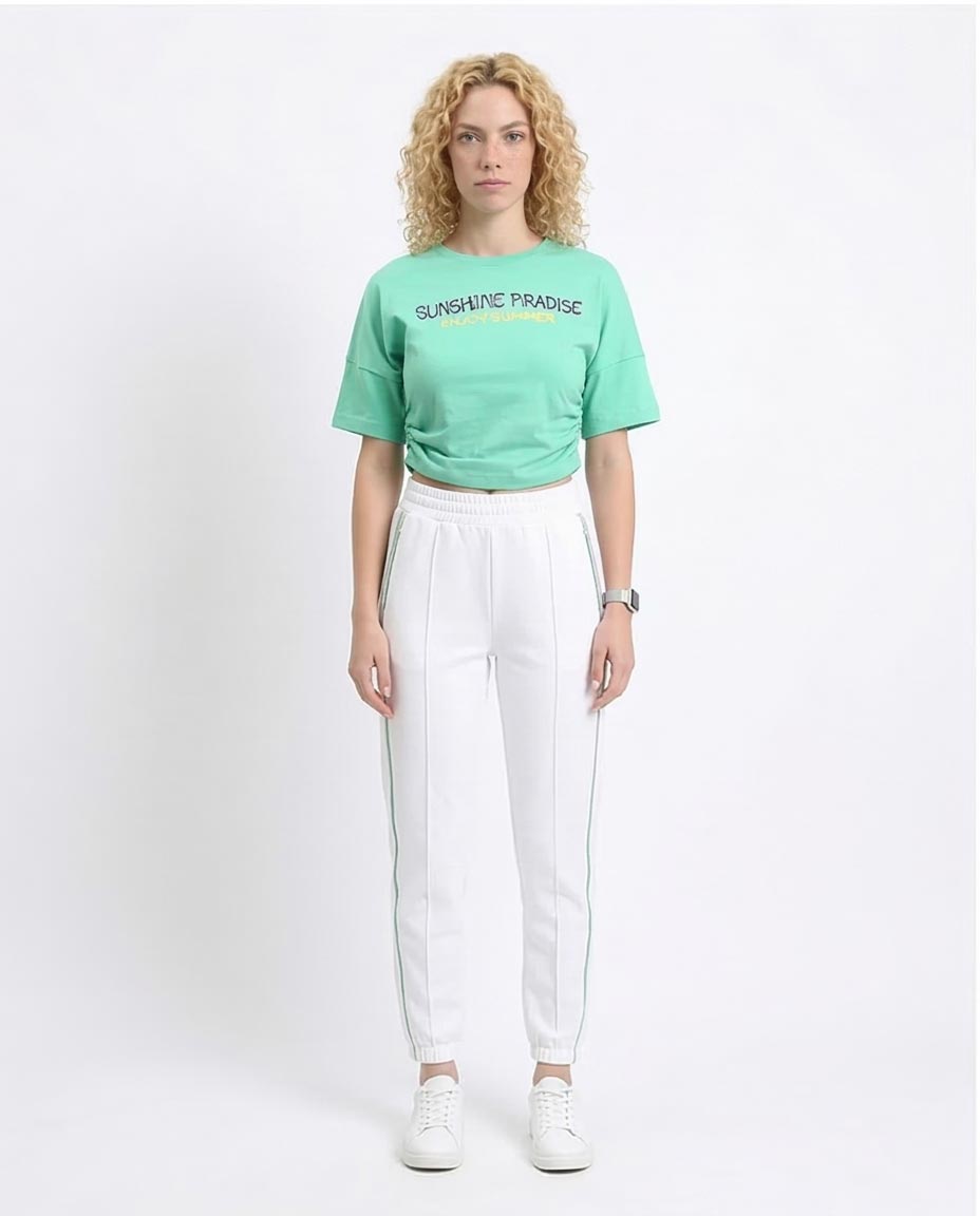 O203163 - Printed Short Tee with Side Drawstring - Light Green