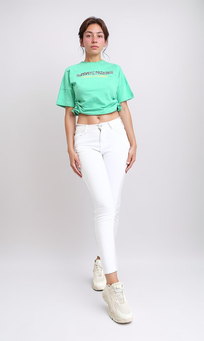 O203163 - Printed Short Tee with Side Drawstring - Light Green
