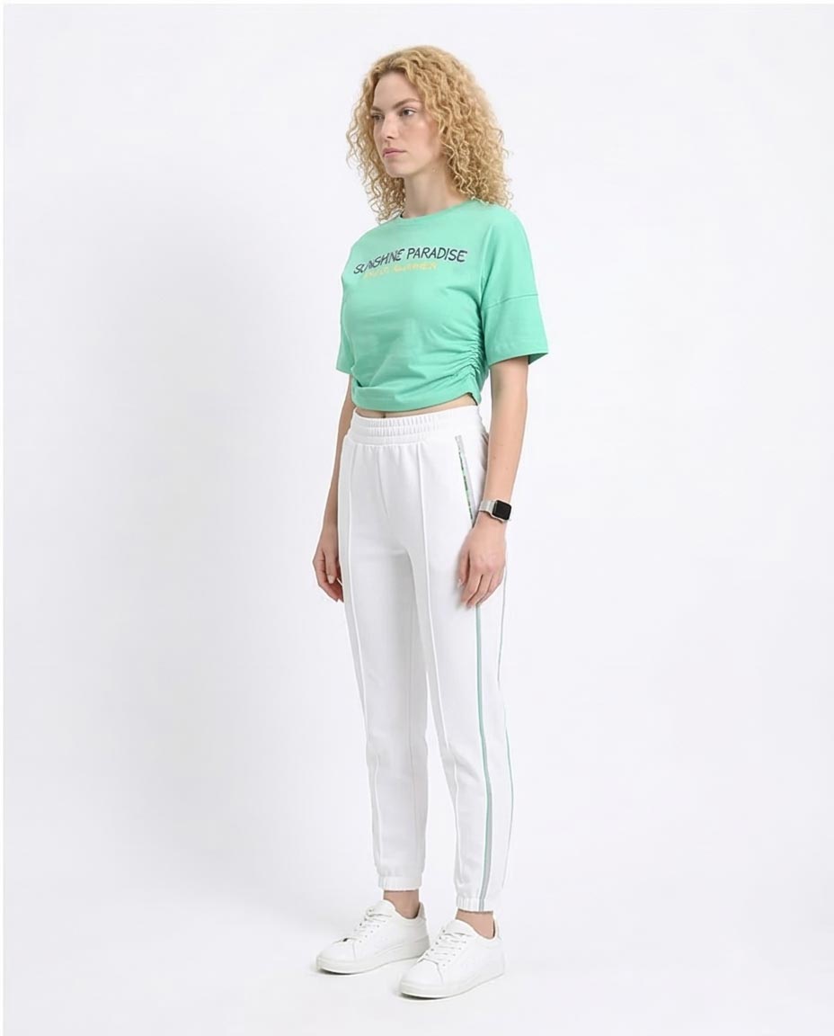 O203163 - Printed Short Tee with Side Drawstring - Light Green