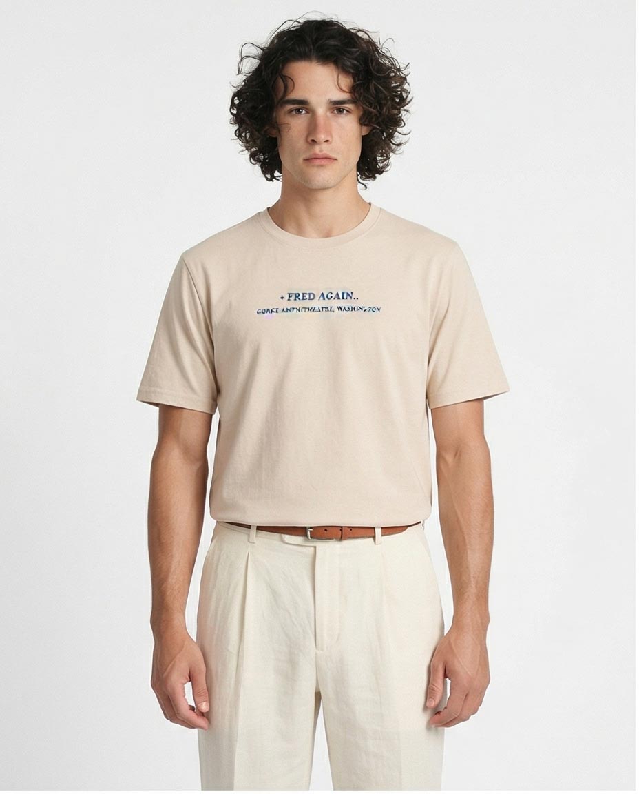 Man wearing a beige t-shirt with text on a white background