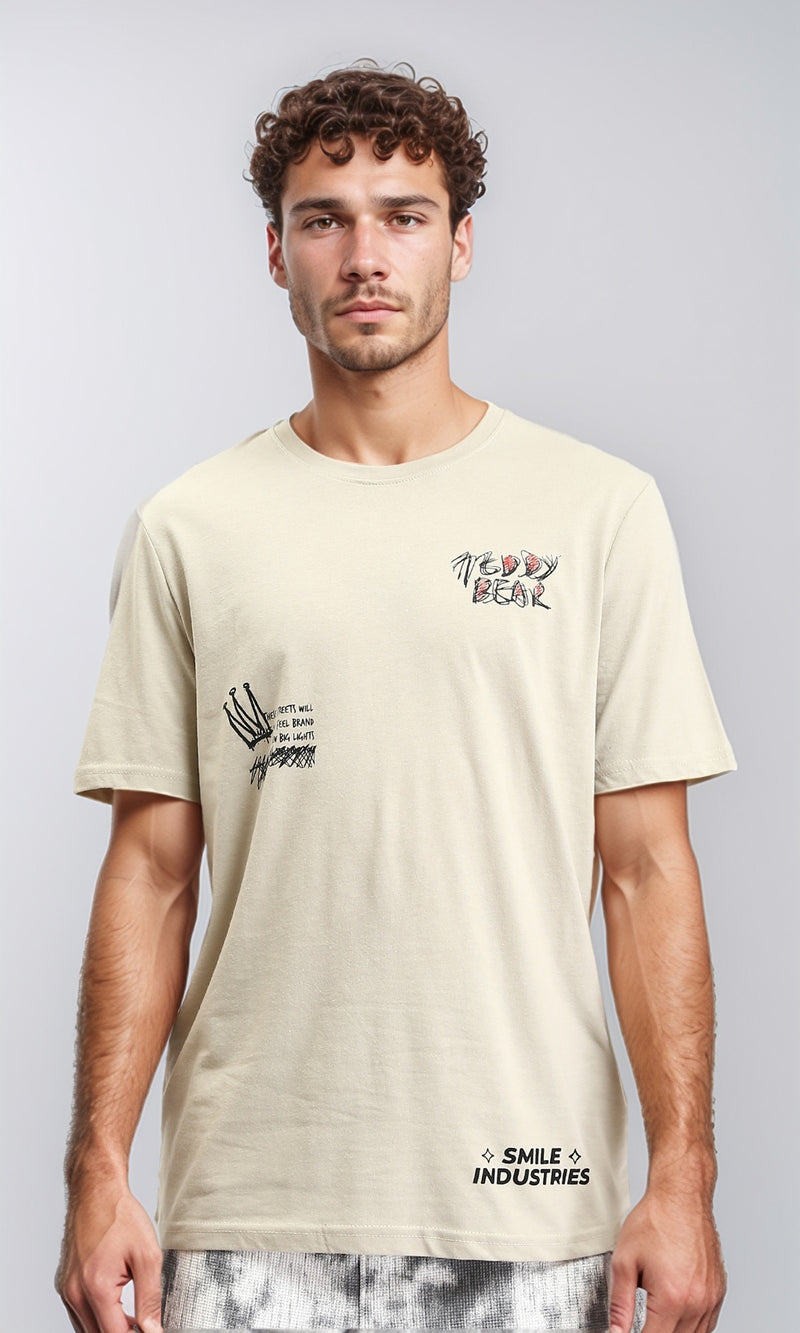 O203196 - Regular Fit Printed Casual Tee - Light Beige