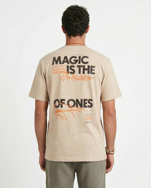 Ravin Men's Japanese-Inspired "Imagination" Slogan T-Shirt in Beige - 100% Cotton – O203203