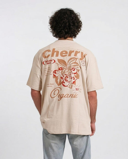 تيشيرت رافين كبير الحجم بطبعة "ثمار الروح" باللون البيج المغسول - إصدار بوهو عصري - O203206