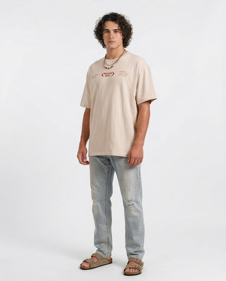 تيشيرت رافين كبير الحجم بطبعة "ثمار الروح" باللون البيج المغسول - إصدار بوهو عصري - O203206