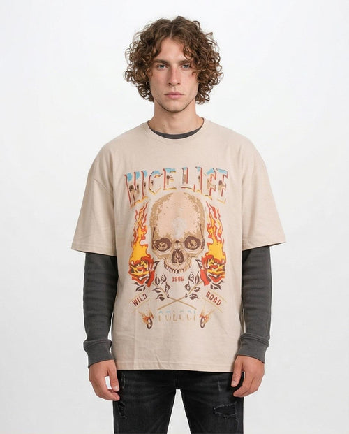 X Colcci: The "wild Road" Graphic Oversized Tee - Beige