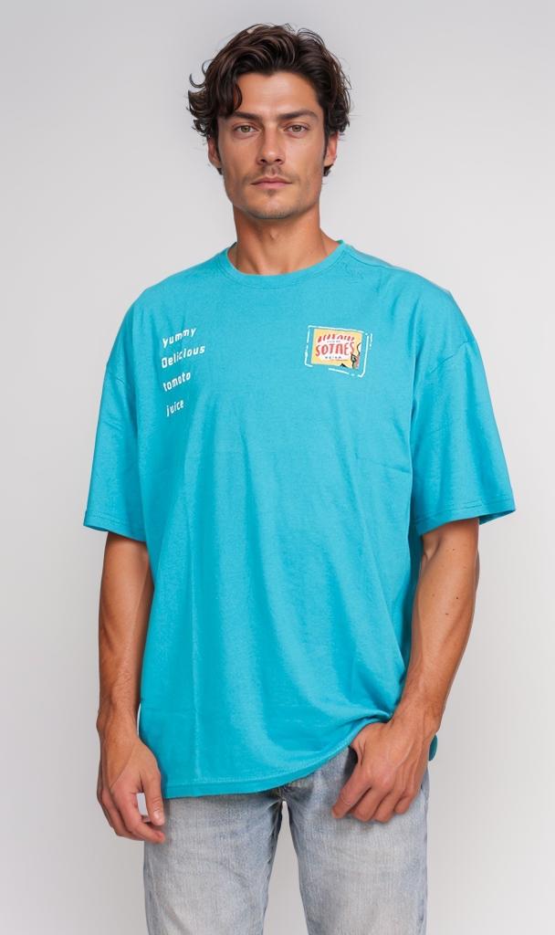 Retro Graphic Cotton T-Shirt - Cyan Blue