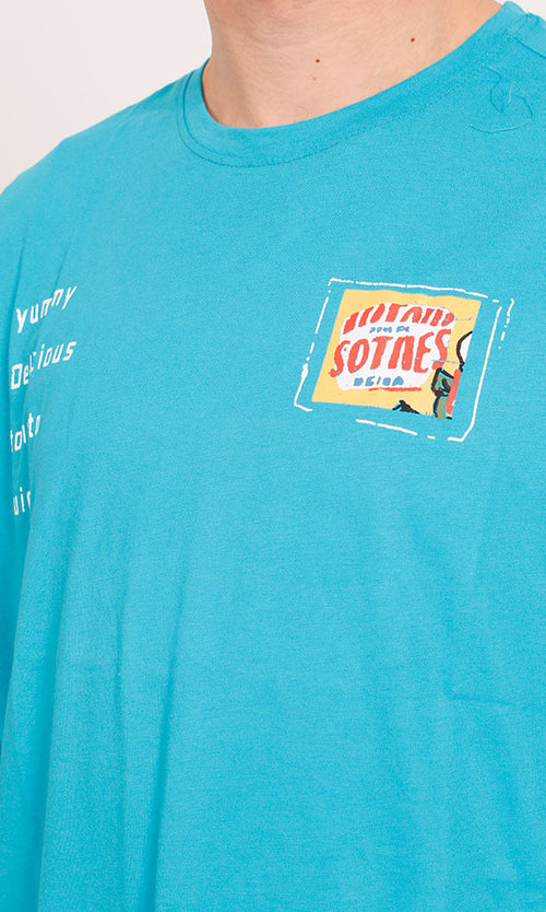 O203210 - Retro Graphic Cotton T-Shirt – Cyan Blue