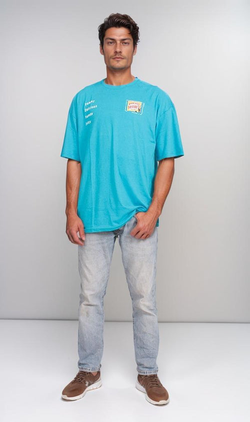 O203210 - Retro Graphic Cotton T-Shirt – Cyan Blue