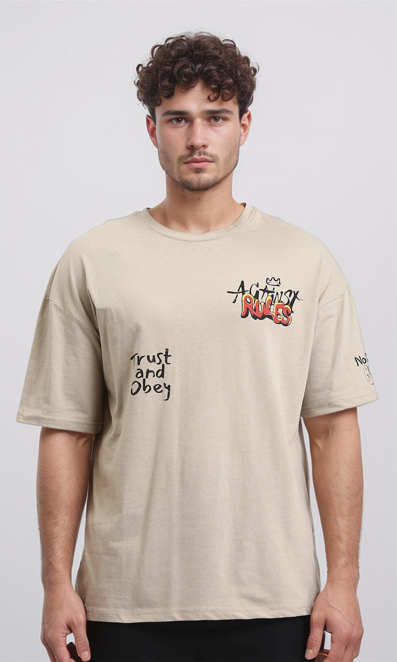 O203214 - Printed Crew Neck Relaxed Tee - Light Coffee