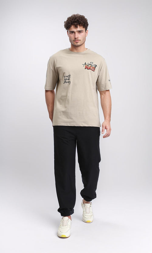 O203214 - Printed Crew Neck Relaxed Tee - Light Coffee