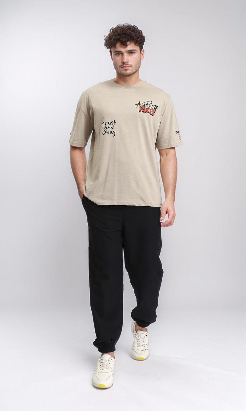 O203214 - Printed Crew Neck Relaxed Tee - Light Coffee