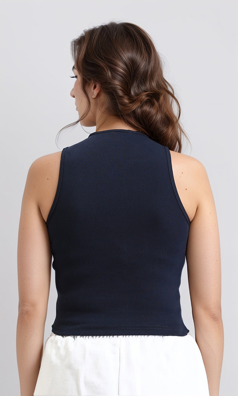 O203217 - Slip On Solid Feminine Racer Top - Navy Blue
