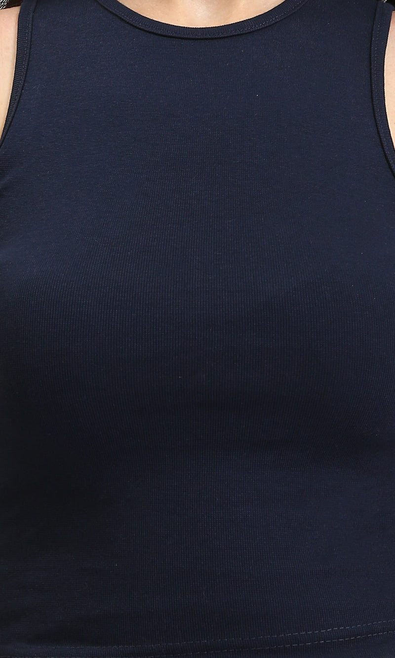 O203217 - Slip On Solid Feminine Racer Top - Navy Blue
