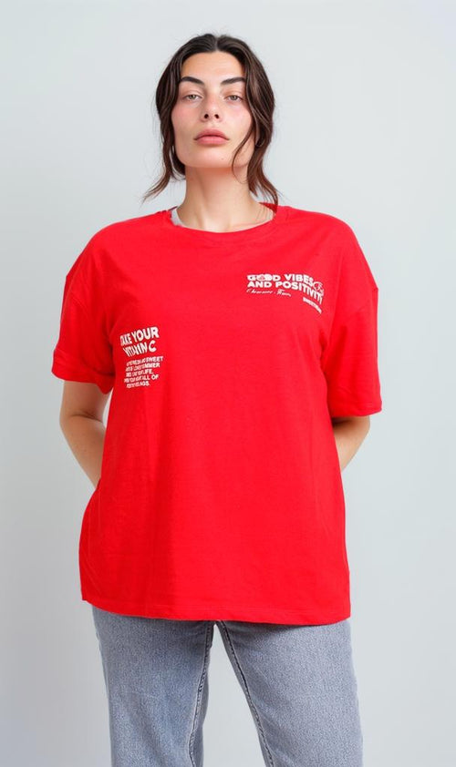 O203221 - Graphic Printed Oversized T-Shirt - Red