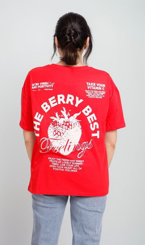 O203221 - Graphic Printed Oversized T-Shirt - Red