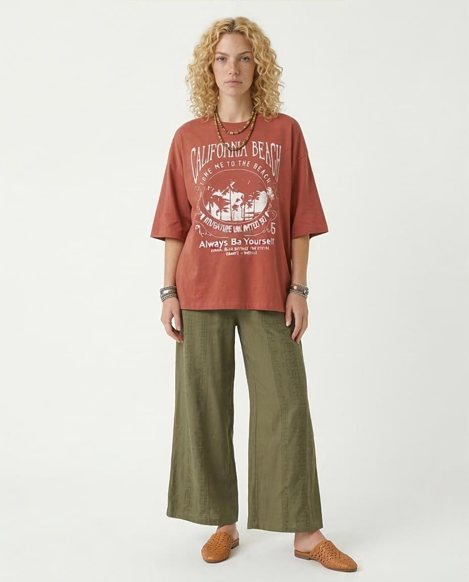 Ravin Oversized "California Beach" Graphic T-Shirt in Terracotta - O203223
