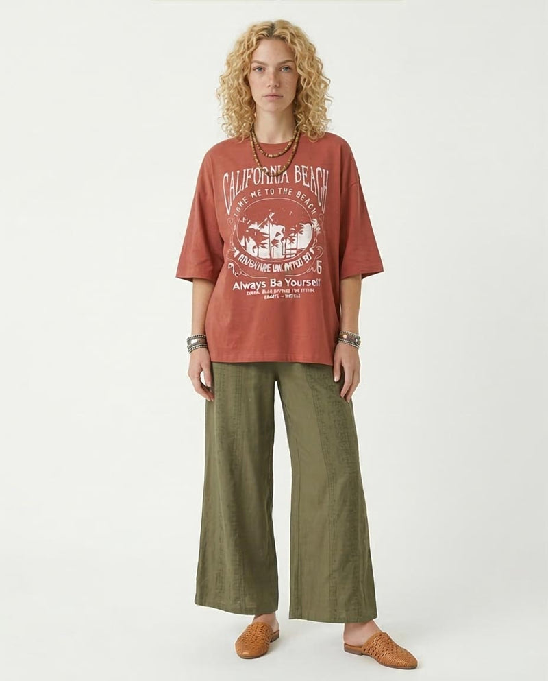 Ravin Oversized "California Beach" Graphic T-Shirt in Terracotta - O203223