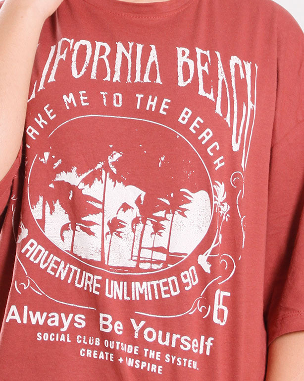 Ravin Oversized "California Beach" Graphic T-Shirt in Terracotta - O203223