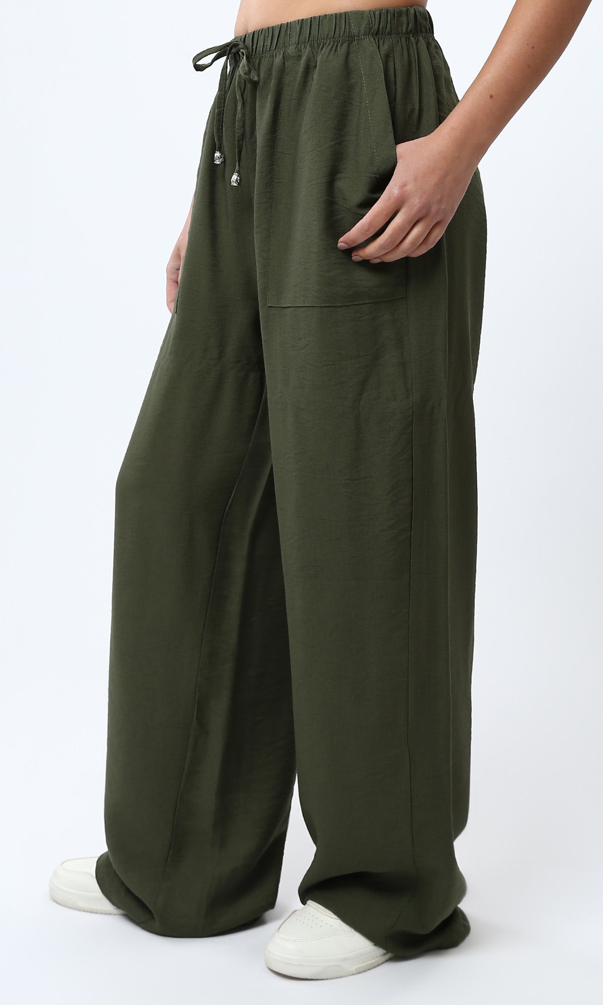 Olive Green Wide-Leg Drawstring Utility Trousers