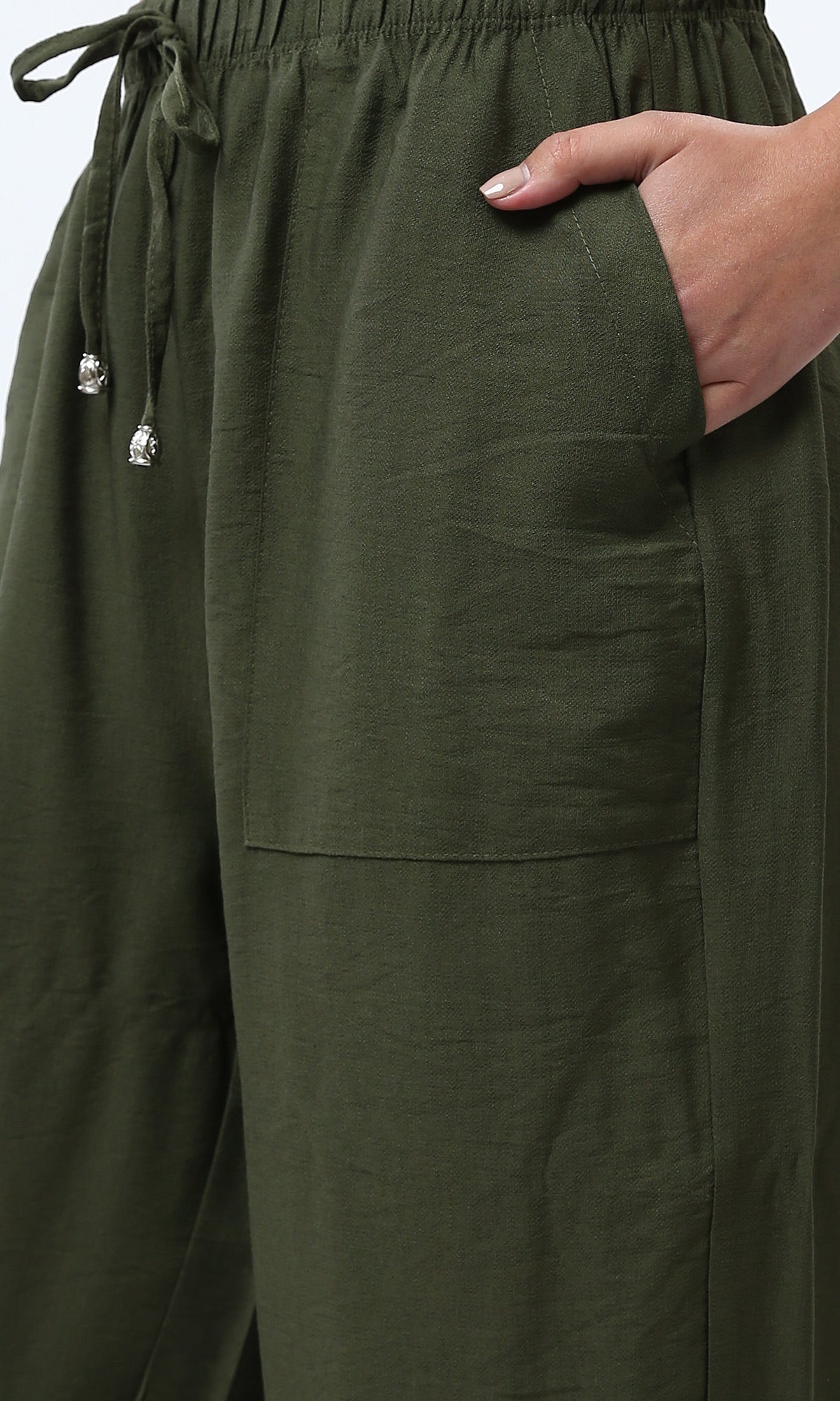 Olive Green Wide-Leg Drawstring Utility Trousers