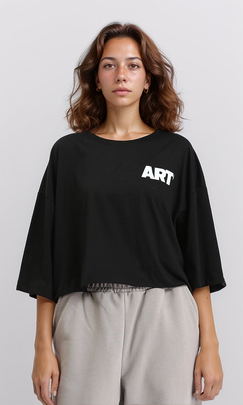 O203252 - "Art" Elbow Sleeves Cotton Short Tee - Black