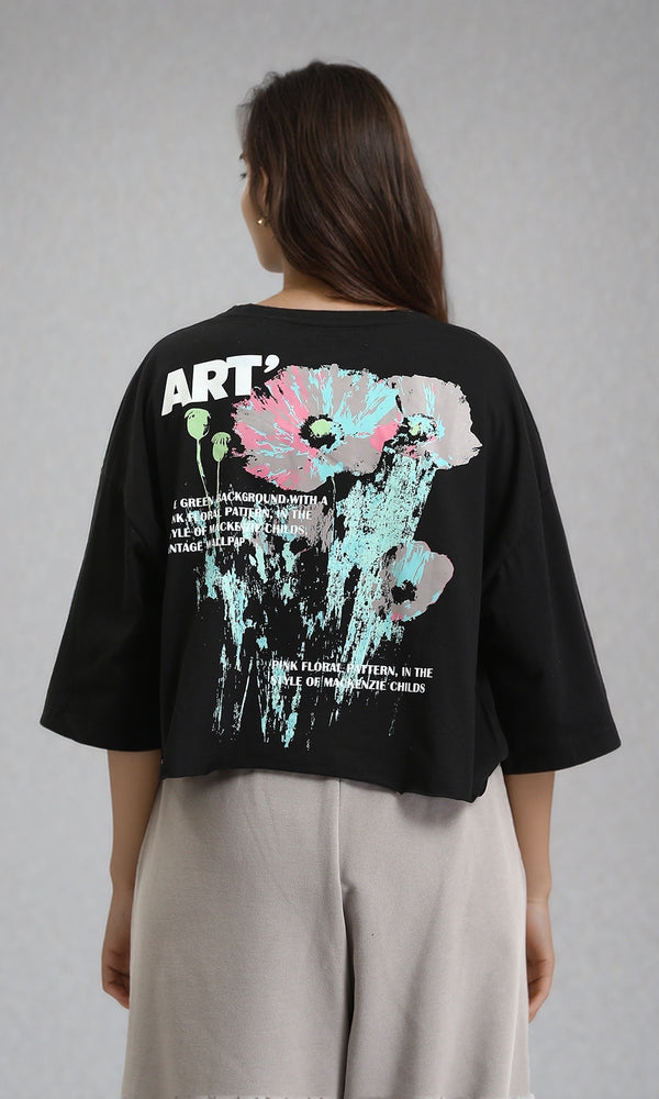 O203252 - "Art" Elbow Sleeves Cotton Short Tee - Black