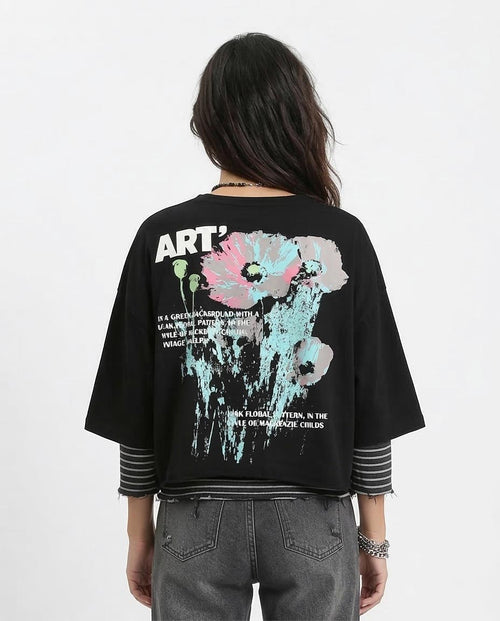 Ravin Women’s "ART" Oversized Crop Tee – Floral Back Print - O203252