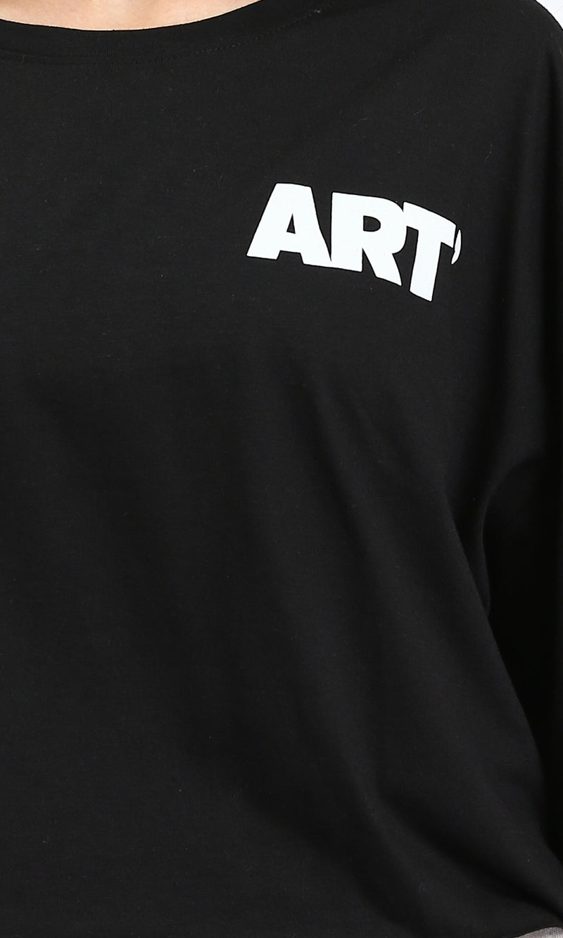 O203252 - "Art" Elbow Sleeves Cotton Short Tee - Black