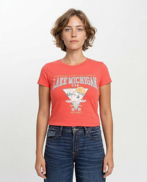 Person wearing a red t-shirt with 'Lake Michigan USA' design on a white background