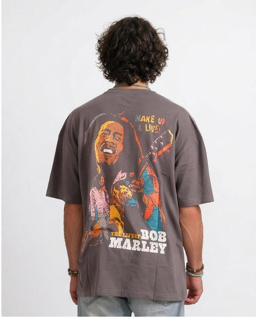 Ravin | Bob Marley "Wake Up & Live" Oversized Graphic T-Shirt – Charcoal - O203261