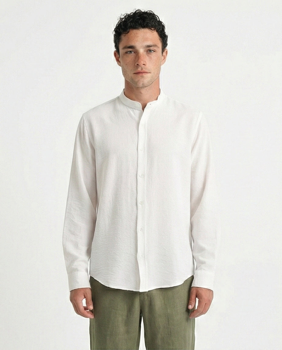 Summer Textured Shirt with Mandarin Collar - Off-White