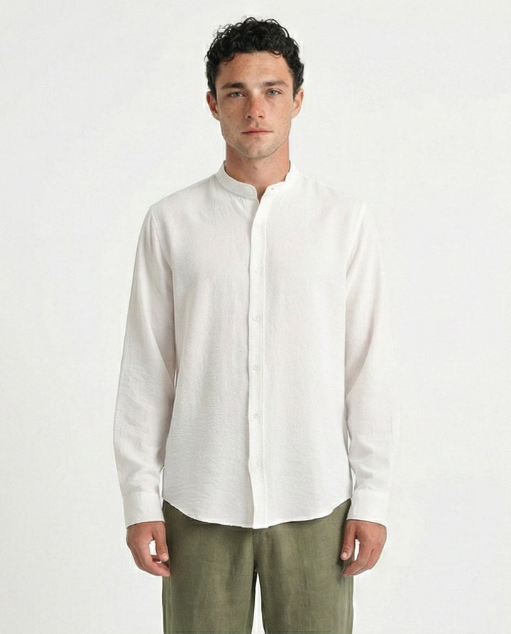 Summer Textured Shirt with Mandarin Collar - Off-White