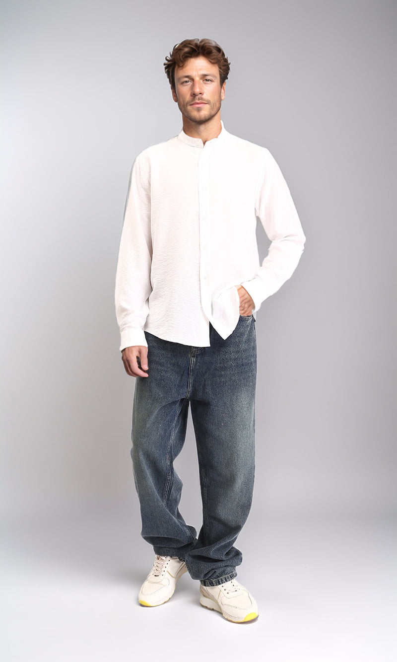 O203311 - Summer Textured Shirt with Mandarin Collar - Off-White