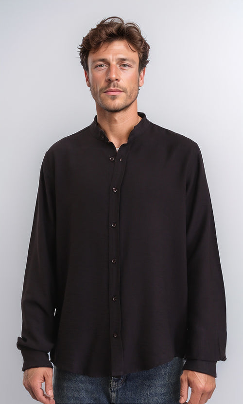 O203312 - Summer Textured Shirt with Mandarin Collar - Black