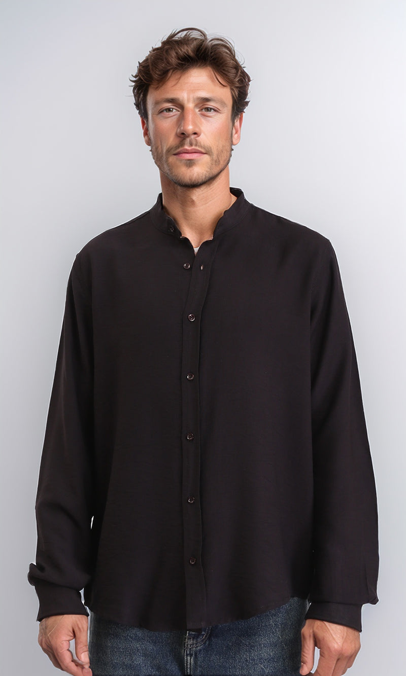 O203312 - Summer Textured Shirt with Mandarin Collar - Black