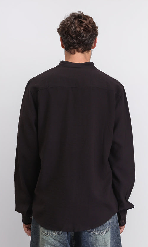 O203312 - Summer Textured Shirt with Mandarin Collar - Black