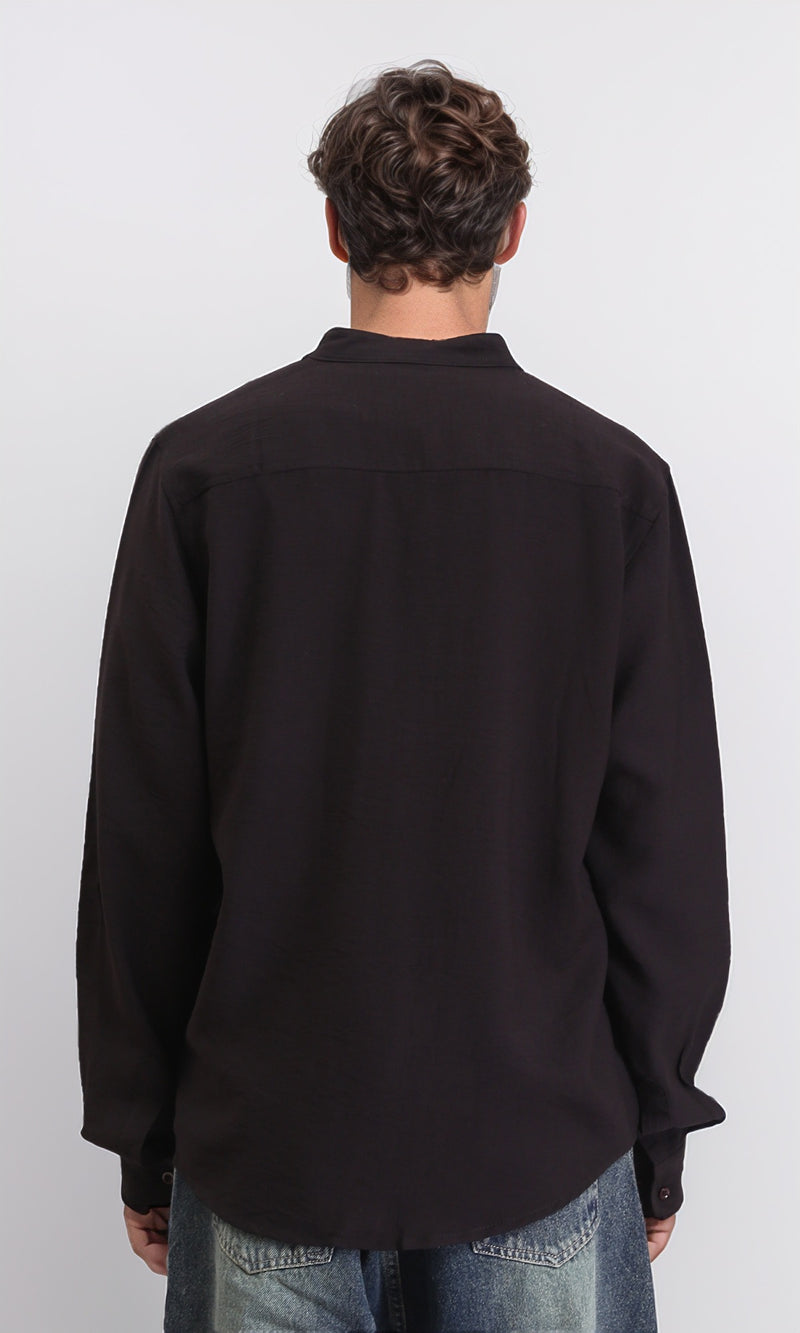 O203312 - Summer Textured Shirt with Mandarin Collar - Black