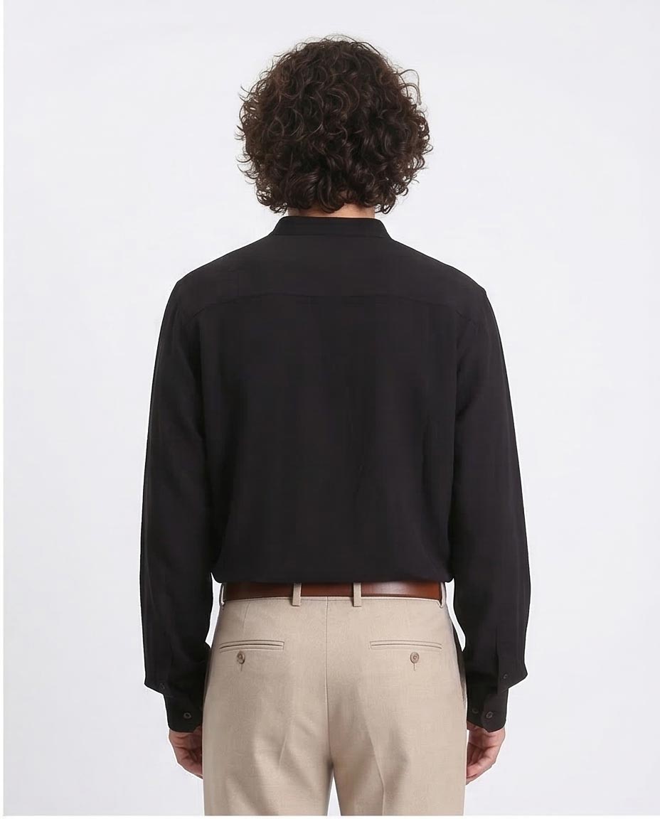 Ravin Men’s Fluid-Drape Grandad Collar Shirt – Midnight Black - O203312