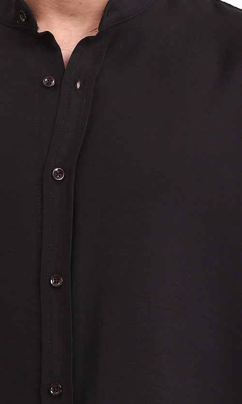 O203312 - Summer Textured Shirt with Mandarin Collar - Black