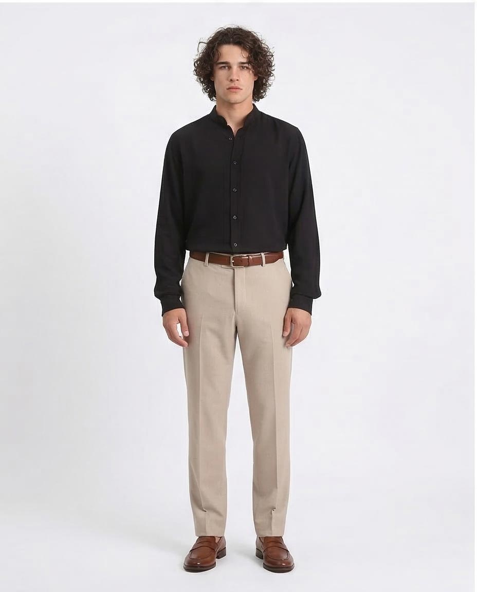 Ravin Men’s Fluid-Drape Grandad Collar Shirt – Midnight Black - O203312