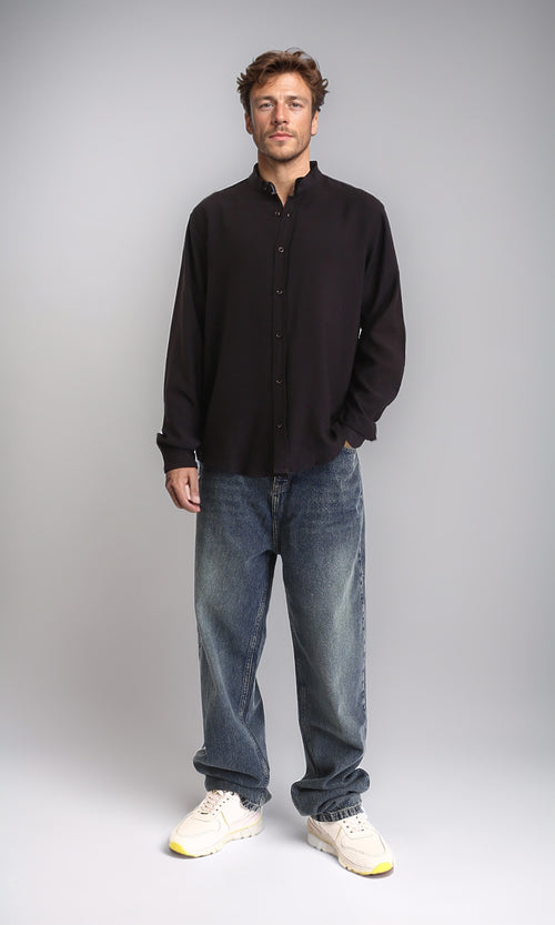 O203312 - Summer Textured Shirt with Mandarin Collar - Black