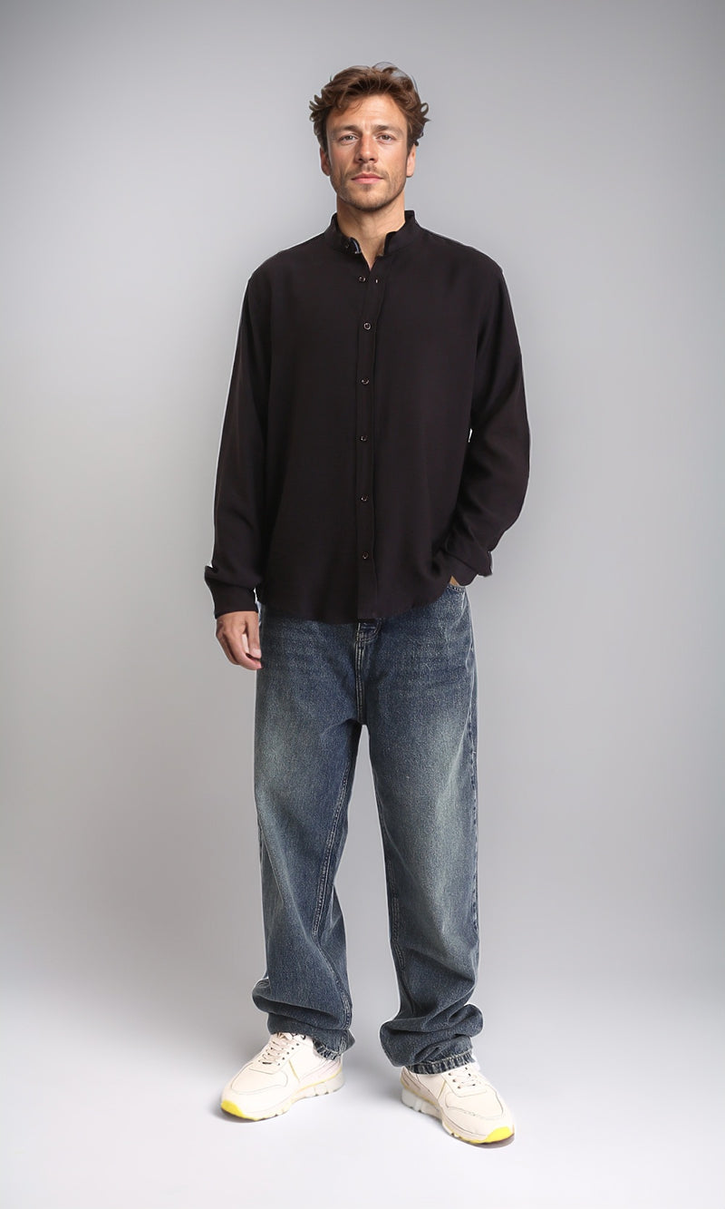 O203312 - Summer Textured Shirt with Mandarin Collar - Black
