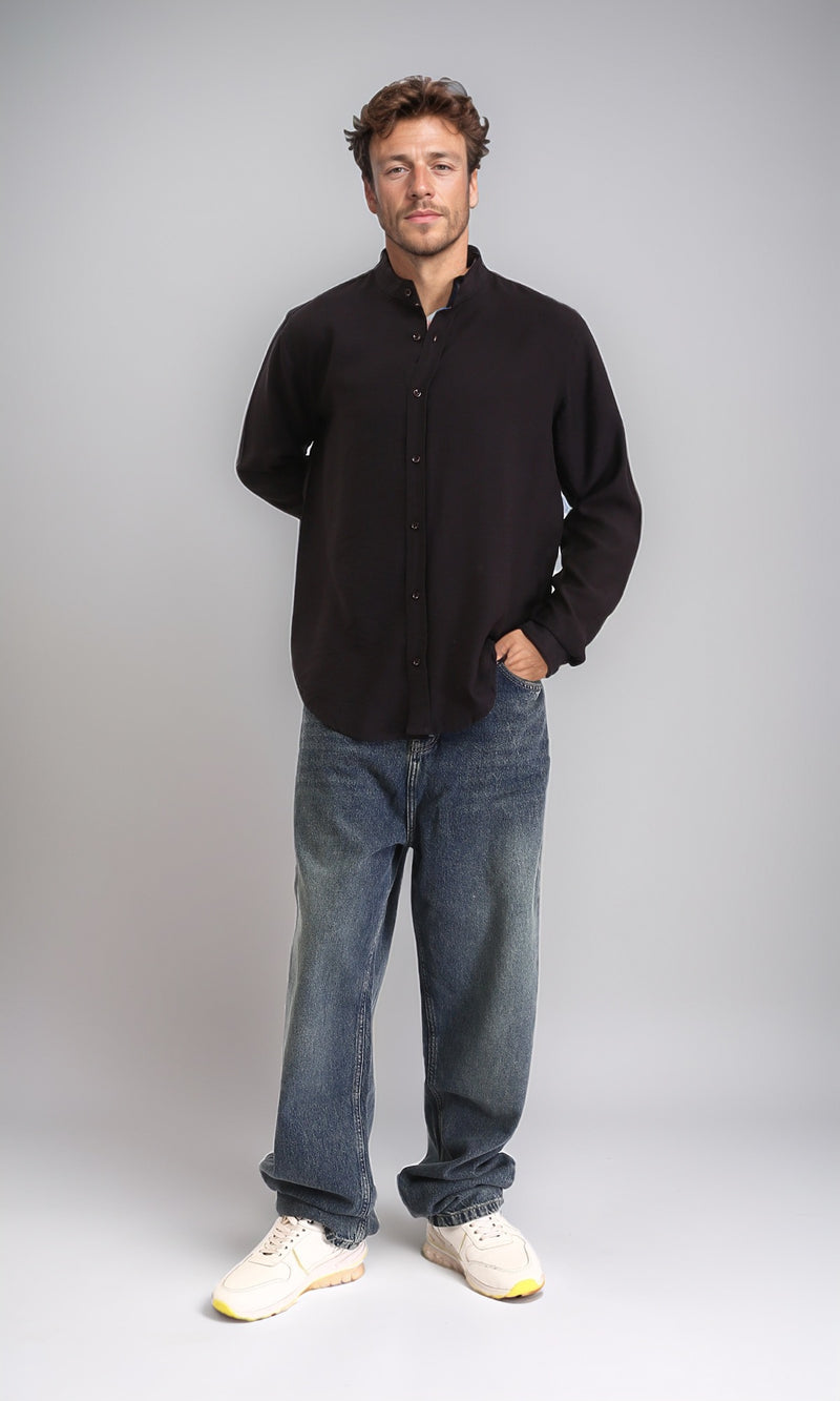 O203312 - Summer Textured Shirt with Mandarin Collar - Black
